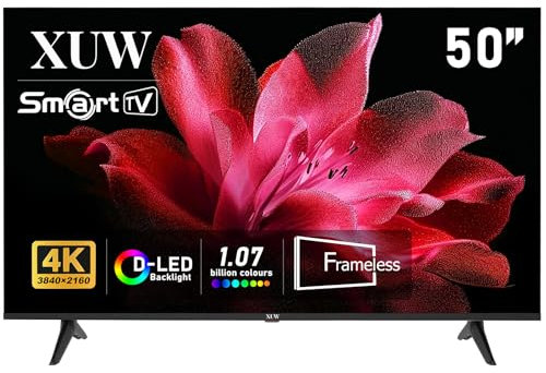 XUW 50 inch UHD 4K Smart TV, D-LED backlight Television, Borderless Design,HDMI USB DVB-T2/S2 RJ45 Interface, large screen for living room, bedroom, home entertainment - black