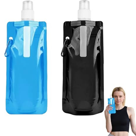 ZesNxj 2 Stück Faltbare Trinkflasche 500ML, Trinkflasche Faltbar & Leicht, Praktischer Trinkbeutel für Festival & Outdoor, Wiederverwendbarer Trinkbeutel Festival mit Clip Ideal für Wandern & Reisen