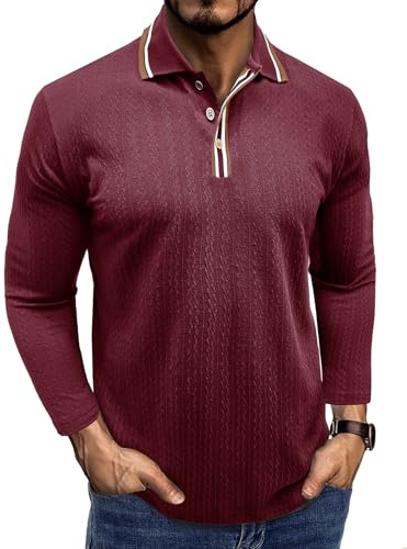 Volemo Men's Polo Shirts Long Sleeve Knitted Poloshirt Stretch T Shirt Golf Tops Wine L