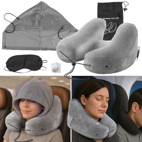 Newgen Medicals Reise-Nackenkissen-Set: Aufblasbares Nackenkissen mit Abnehmbarer Kapuze, in H Form (Aufblasbare mit Bezug, Auto Kissen Nacken, Mütze)
