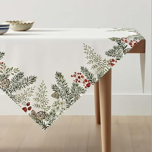 Avalune Tischdecke Weihnachten Mitteldecke Grün Winter Tannenzapfen Nadelzweigen und Beeren Weihnachts Tischdeko Modern Tischwäsche Leinenoptik Weihnachtstischdecke für Tisch Party Dekor 85 x 85 cm
