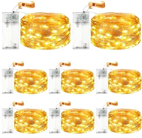 VIKY 8 Stk LED Lichterkette Batterie mit Timer, 3M 30 LED Micro Kupferdraht Lichterkette Innen Batteriebetrieben, Warmweiß lichterkette mit Timer für Hochzeit, Silvester, Weihnachten Innen Dekoration