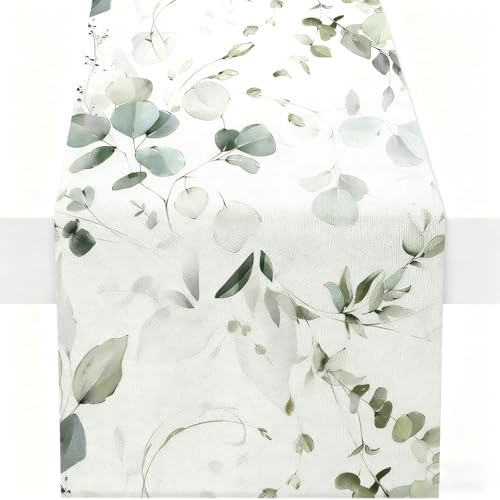 Tischläufer Frühling Eukalyptus Grün – moderner Tischschmuck 32 x 180 cm | Waschbare Deko für Drinnen und Draußen, Hochzeit, Küche, Esstisch, Gartenparty und Saisonale Frühlingsdeko