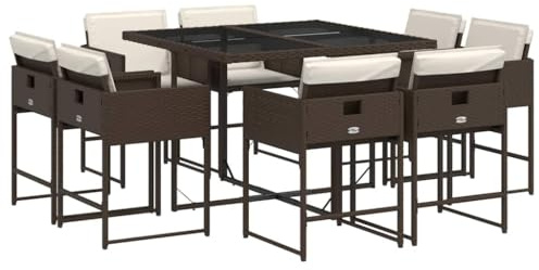 vidaXL Garten Essgruppe 9-TLG., Gartenmöbel Set Tisch mit Glasplatte 8 Stühle, Gartengarnitur mit Kissen, Sitzgruppe Terrasse, Braun Poly Rattan