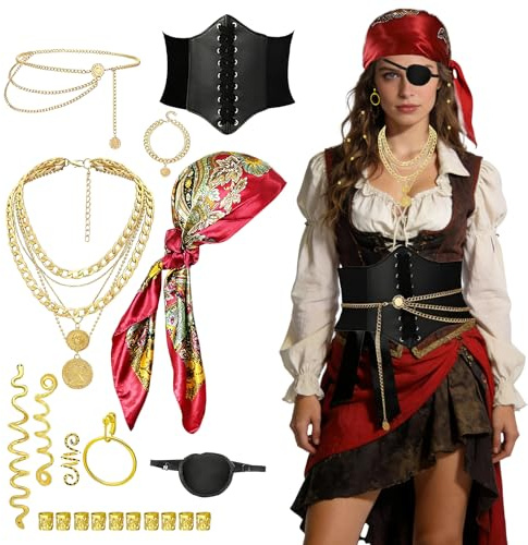 ZABARE Piratenkostüm Zubehör Damen,20 Stück Piratenkostüm Damen,piraten kostüm frauen,Piraten Kopftuch, Taillenkette, Augenklappe, Ohrringe, Halskette, für Cosplay Party Karneval.
