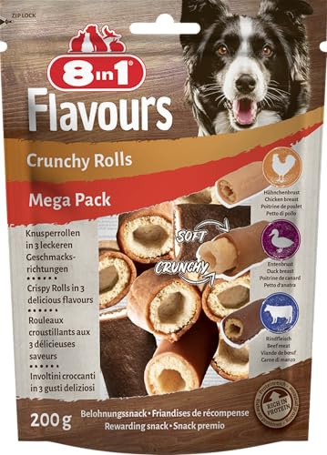 8in1 Flavours Crunchy Rolls Hunde-Snacks - knusprige Leckerlis für Hunde mit Hähnchenbrust, Entenbrust oder Rindfleisch, 200 g Beutel (1er Pack)