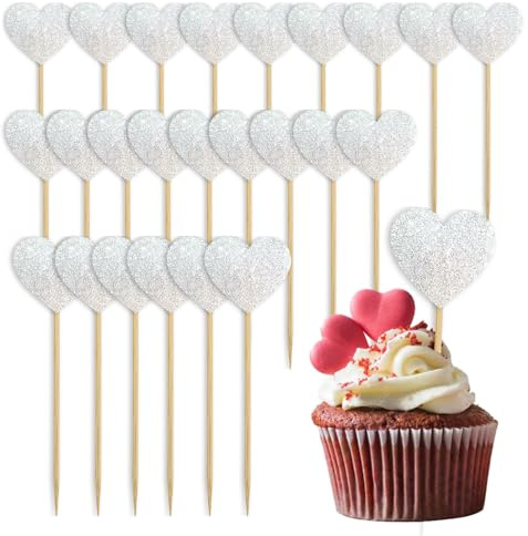 Muffin Deko Geburtstag,24 Stück Glitter Herz Cupcake Topper, Muffin Deko Cupcake Topper,Herzen Topper Cupcake,Liebe Herz Cupcake Toppers,für Hochzeit Party Jahrestag Valentinstag Kuchendeko (Silber)