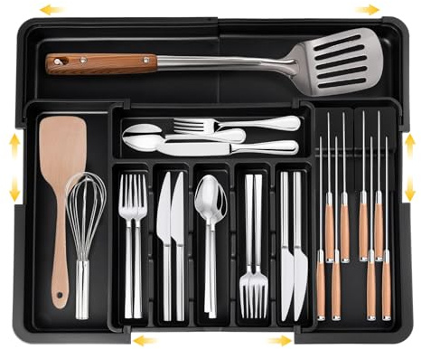 YYSWSAKY Besteckkasten für Schubladen 47 tief - Erweiterbarer Besteckschublade Einsatz mit 2 Abnehmbaren Messerblöcken, Organizer Küche Besteck in groß ausziehbar bis 56x48 cm, Küchenzubehör