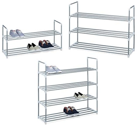 Relaxdays Schuhregal Stecksystem, 2 Ebenen, für 8 Paar Schuhe, HxBxT: 45 x 90 x 31 cm, Schuhständer Metall, silber/weiß