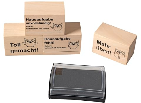 Betzold - Hausaufgabenstempel, 4 Stück, inkl. Stempelkissen - Stempelset