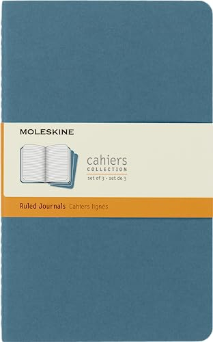 Moleskine Cahier Journal, Set mit 3 Notizbüchern mit linierten Seiten, Kartonumschlag mit sichtbaren Baumwollstichen, Farbe Lebhaftes Blau, Großformat 13 x 21 cm, 80 Seiten