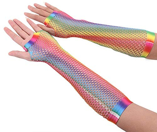 EROSPA® Netz-Handstulpen Rainbow/Regenbogen - Lang Fingerlos - Damen/Frauen - Handschuhe - Karneval Fasching Party - Einheitsgröße - 1 Paar