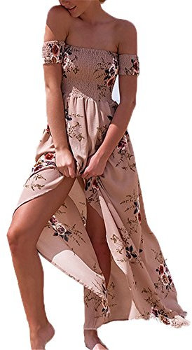 Femmes Bohème Longue Maxi Robe de Plage Robes Bustier été Floral Imprimé 3/4 Manche Robe Col Badeau Taille Grande (082-rose, L)