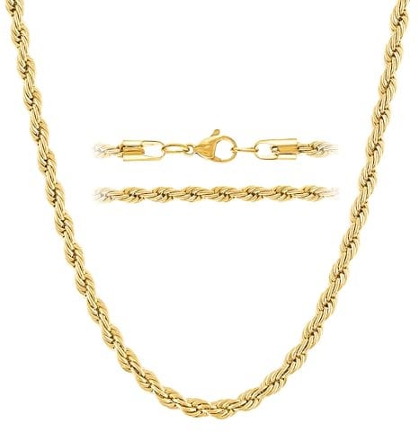 KISPER 18k Gold Hip Hop Braided Rope Chain Necklace – 2mm Gold Plated Solid Stainless Steel Durable Jewelry for Women & Men with Lobster Clasp, 14