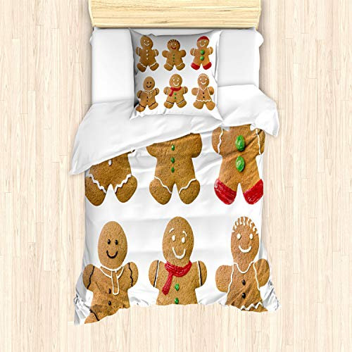 ABAKUHAUS Lebkuchenmann Bettbezug Set, selbst gemacht, Milbensicher Allergiker geeignet mit Kissenbezügen, 135 cm x 200 cm - 80 x 80 cm,Pale Brown Rot Grün