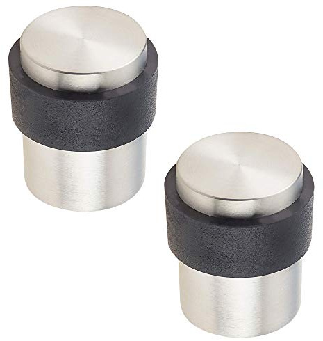 EAI Satin Door Stop, Stainless Steel Floor Mounted Flat Top Pattern, 2 Pack | Door Stopper with Rubber Buffer, 30mm Diameter, Protects Walls and Doors from Damage, Fixings Included