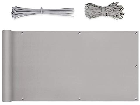 Sekey Balkon Sichtschutz Balkonabdeckung Balkonverkleidung blickdichte Wind- und UV-Schutz, 100% Privatsphäre, mit Ösen, Nylon Kabelbinder und Kordel, Hellgrau 0.75×5m
