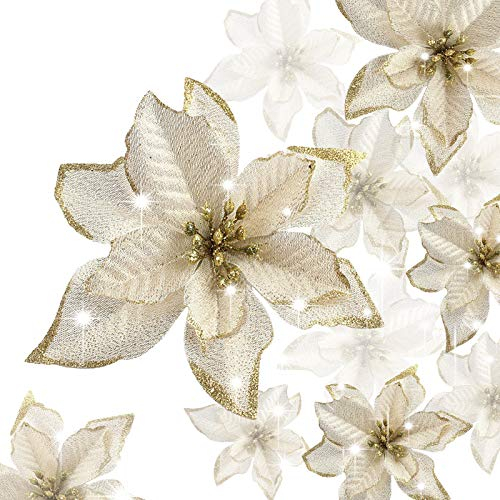 UFLF 18 STK Weihnachten Blumen Glitzer Künstlich Weihnachtsblumen Weihnachtsschmuck für Weihnachtsbaum Weihnachtskranz DIY Basteln Weihnachtsdeko Homedeko