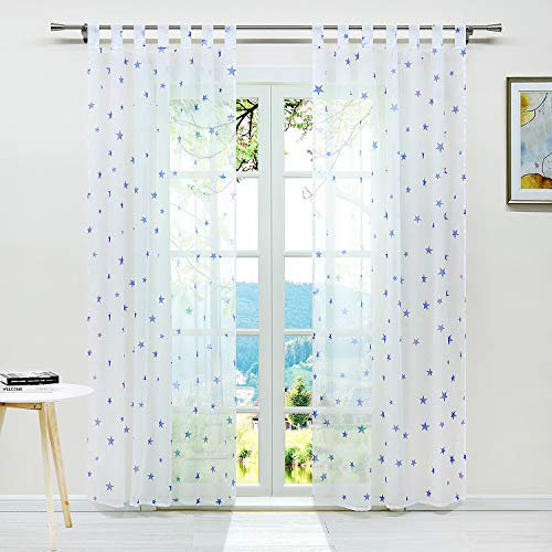 ESLIR Gardinen mit Schlaufen Gardinenschal Voile Transparent Schlaufenschal Modern Vorhänge mit Sterne Muster 1 Stück Blau BxH 140x225cm 1 Stück