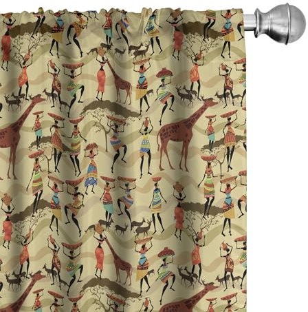 ABAKUHAUS Afrika Vorhänge, Gardinen, Frau Silhouette Tiere, Fensterbehandlungen für Wohnzimmer Schlafzimmer Dekor, 2 Stück 75 cm b x 225 cm h, Mehrfarbig