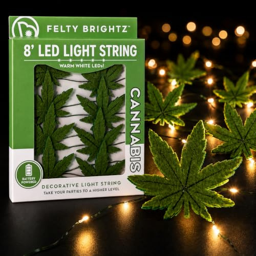 Brightz Felty LED String Lights, 8ft | 17 green weed leaf icons; 420 party decorations, dorm decor & gag gift; battery fairy lights