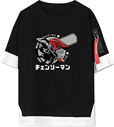 Chainsaw Man Anime T-Shirt Pochita Short Sleeve Top Denji Stylish Fake Two T-Shirt Power Round Collar Blouse
