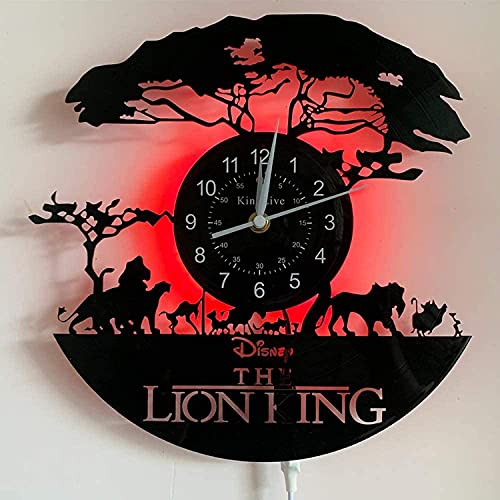 KingLive Cartoon Der König der Löwen Wanduhr, Simba Vinyl Schallplatte Wanddekoration,Weihnachten & Halloween Deko, Simbas Königreich Wohnzimmer Küche Uhr(Mit LED-Nachtlicht