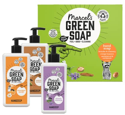 Marcel's Green Soap Geschenkset mit drei Handseifen - Orange & Jasmin/Lavendel & Rosmarin/Sandelholz & Kardamom - Pflanzenbasiert - Umweltfreundlich - Recycelte Flaschen - Vegan
