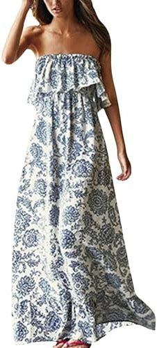 Summer Off Shoulder Maxi Dress Strapless Dresses(A-Blue Porcelain,Medium)