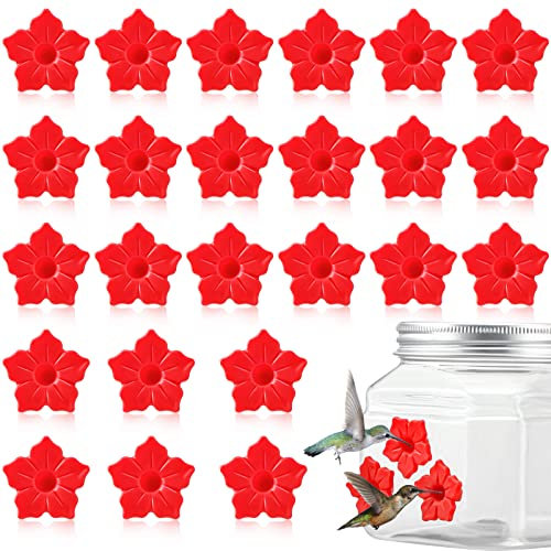 24 Pack Hummingbird Feeders Replacement Flowers Handheld Bird Feeder Replacement Parts Plastic Red Replacement Flowers for Outdoors Bird Feeding Ports Hanging Bird Feeder Mason Jar
