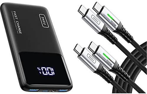 INIU 10500mAh Batterie Externe, USB C 22,5W PD3.0 QC4.0 Charge Rapide LED, 3 Sorties Lampe De Poche Batterie Portable & Cable USB C, [2m+2m] 100W 5A PD QC4 Câble USB c vers USB c Charge Rapide