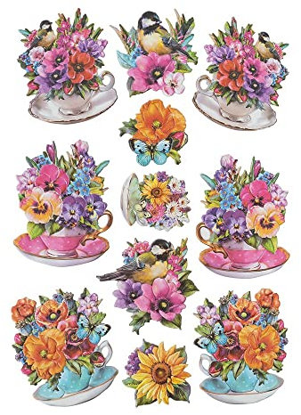 Ideen mit Herz Stickerbogen 3-D Relief-Sticker | Aufkleber | Hochwertig geprägt mit 3-D-Effekt | Din A4 Bogen mit verschiedenen Motiven (Blumen in Tassen 02)