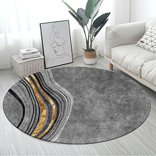 LONGSAO Klassischer Orientteppich rund Ornamente Muster Teppich Kurzflorteppich Outdoor Teppich Einfache geschwungene Linien in Graugold und Weiß, ø 90 cm