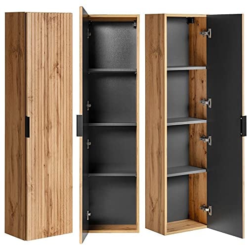 Lomadox Badezimmerschrank Hochschrank 2-türig, Wotan Eiche gerillt, 35 cm schmal, Seitenschrank Badmöbel-Schrank Badschrank B/H/T: 35/140/25 cm