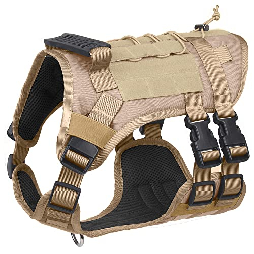 DoggieKit Taktisches Hundegeschirr für kleine, mittelgroße und große Hunde, kein Ziehen, militärisches Hundegeschirr mit Griff, Service-Hundeweste mit Molle- und Schlaufeneinsätzen (Khaki, M)