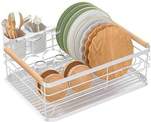 Egoutoire Vaisselle Cuisine, Égouttoir à Vaisselle en Acier Inoxydable avec Panier à Couverts et Plateau d'égouttement Amovible Pas d'Assemblage Requis,43 x 31 x 14cm (Blanc)