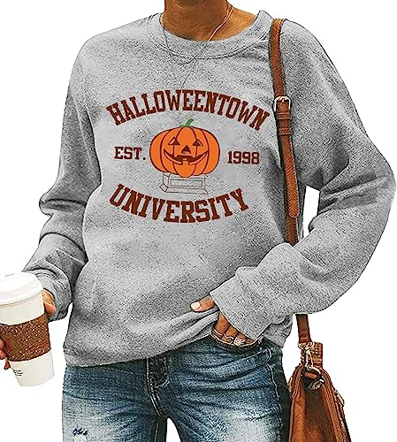 QIANRUO Halloweentown Est 1998 Sweatshirt Frauen Nette Halloween Hexe Kürbis Shirt Herbst Rundhalsausschnitt Pullover Pullover, Grau, L