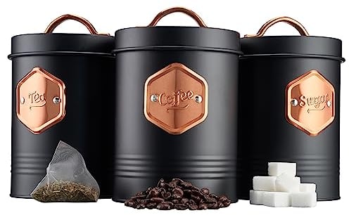 Cooks Professional 3 Piece Tea Coffee Sugar Cannister Set | Labelled Storage Tins | Containers with Airtight Lids | Canisters for Kitchen Accessories & Essentials | Black & Copper