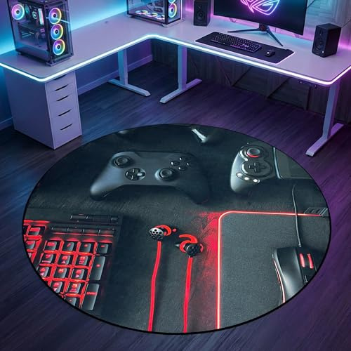 CARPETIA Gamingteppich Rund Konsole Joysticks Schwarz Rot Ø 160 cm | Samtig weich, rutschfest, bei 30 °C waschbar, pflegeleicht und strapazierfähig, für Gaming- & Jugendzimmer