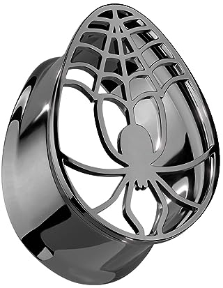 beyoutifulthings Ohr-Tunnel Tropfen Schwarz Spinnen-netz Chirurgenstahl 316L Ohr-Piercing Ohr-Schmuck Plug Double Flare Sattel-Verschluss 16-mm