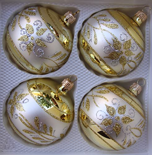 Creme und goldene Weihnachtskugeln aus Glas mit goldenem Blumenmuster Durchmesser 8 cm 4er Set