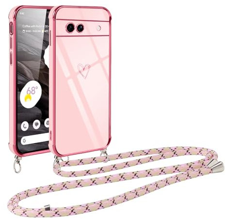 Vauki handyband für Google Pixel 7a Hülle mit Band, Handyhülle mit Kette, Herz Motiv, Ultra Dünn Stoßfeste Aesthetic Case mit Kordel zum Umhängen für Pixel 7a 6.1 Zoll, Rosa