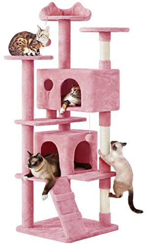 Yaheetech Arbre à Chat avec 2 Niches 3 Plateformes 2 Boules en Sisal Arbre à Grimper Multi-Niveaux Hauteur 178cm Idéal pour 3-4 Chats Rose