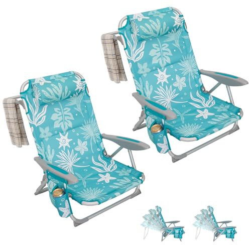 #WEJOY Leichter niedriger Strandkorb für Erwachsene, 4 Positionen, Aluminium-Klappstühle mit Schultergurt, Getränkehalter und gepolsterter Kopfstütze, unterstützt 120 kg für Rasen, Outdoor, Cyan, Weiß