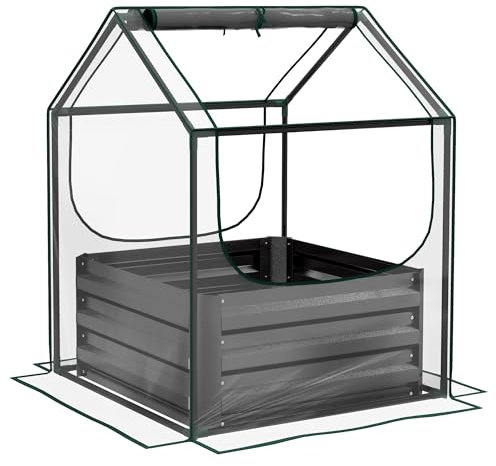 Outsunny Jardinera elevada con Mini Invernadero, Maceta de Metal para Exteriores con Cubierta, para Hierbas y Verduras, Uso para Patio, jardín, balcón, Gris Claro y Oscuro