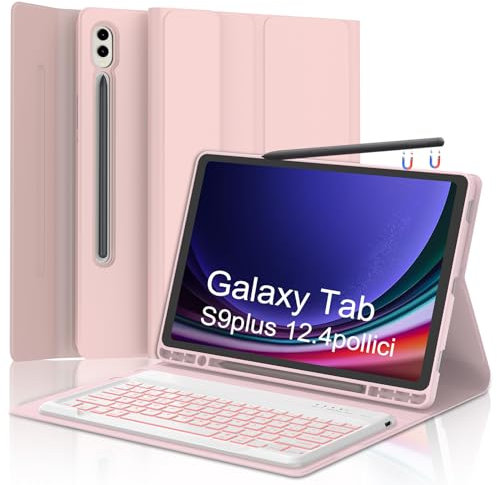 Tastiera per Samsung Galaxy Tab S10 Plus 2024, Galaxy Tab S9/S9FE Plus Tastiera 12.4, Cover Tastiera Bluetooth Italiano Retroilluminata per Samsung S10+/S9+/S9 FE+ 12.4 Pollici 2024/2023, Rosa chiaro