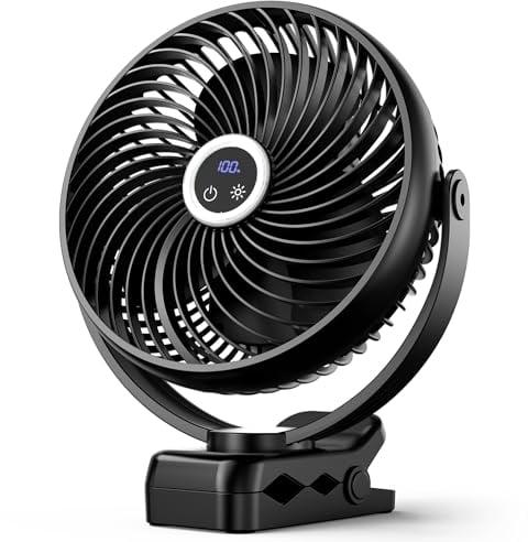 Koonie 8 Inch Battery Operated Clip On Fan with LED Lantern and Hook, Quiet 360 Degree Rotation, 3 Speeds for Travel, Camping, Tent, Gym, Treadmill