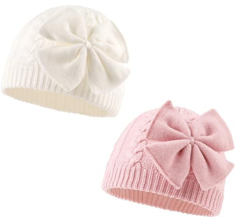 XIAOHAWANG Baby Mütze Mädchen Strickmütze Kinder Wintermütze Warm Kindermützen Mit Schleife (Weiß+Rosa, L)