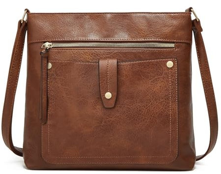 DOB SECHS Damen Mittelgroß Handtasche Umhängetasche aus PU Leder Schultertasche für Frauen Crossbody Bag mit verstellbarem Schultergurt, Braun