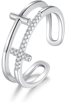Bewenda Silber Damen Ringe, 925 Sterling Silber Doppelte Kreuz Ringe mit Zirkonia, Einstellbar Minimalistischer Knuckle Ringe, Einfach Daumenring Trendy Stapelringe, Weißgold Infinity Wickelring